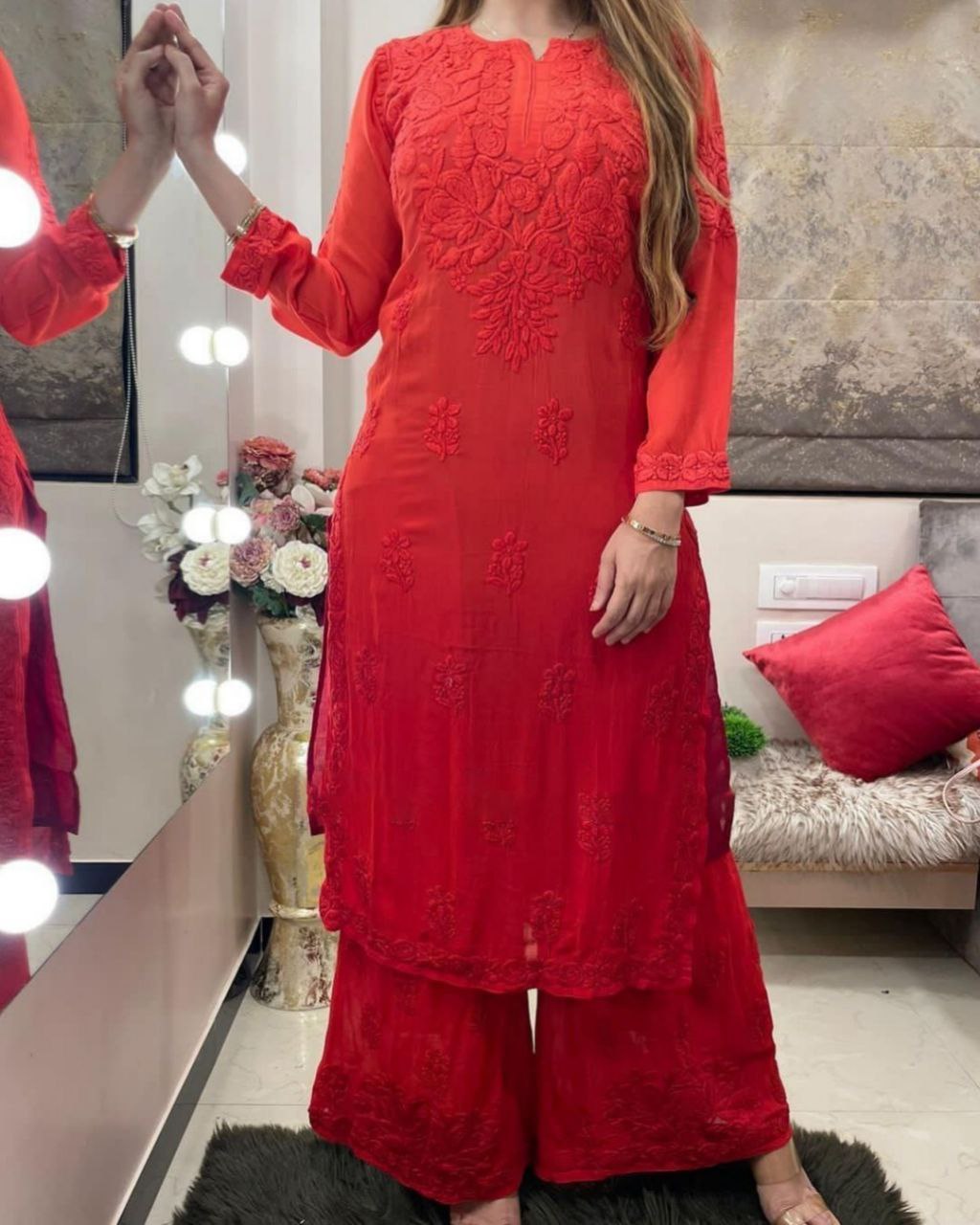 Ready To Wear Red Rayon Cotton Embroidery Work Chikan Kari Suit With Dupatta