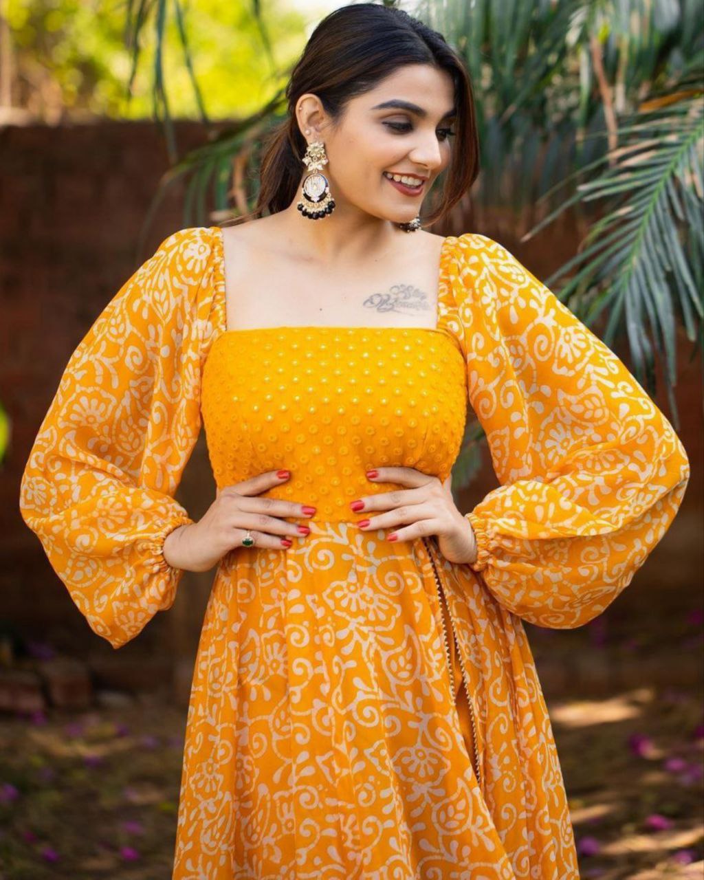 Designer Mustard Faux Georgette Digital Print Work Gown