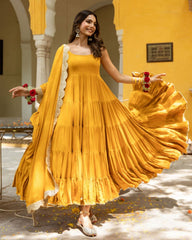 Designer Mango Yellow Heavy Georgette Embroidery Work Anarkali Gown With Dupatta