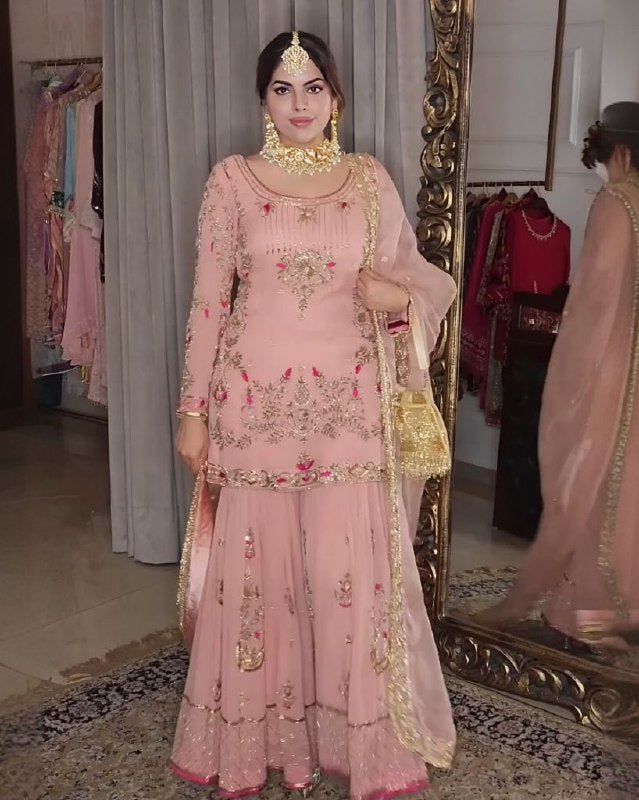 Ready To Wear Peach Pure Georgette Embroidery Work Sharara Suit With Dupatta