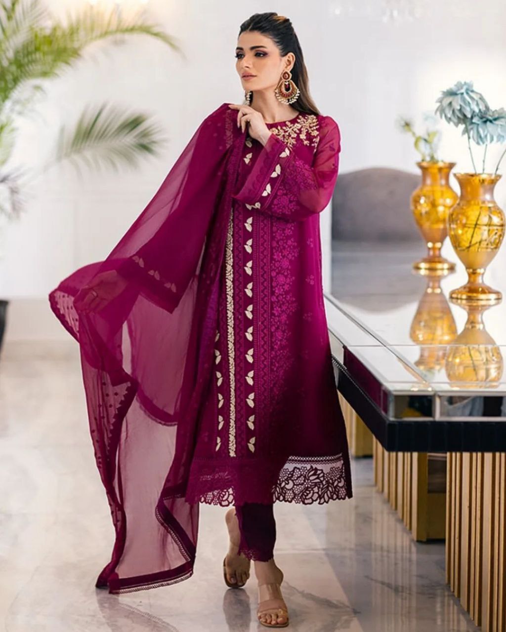 Ready To Wear Berry Pure Georgette Embroidery Work Pakistani Suit With Dupatta