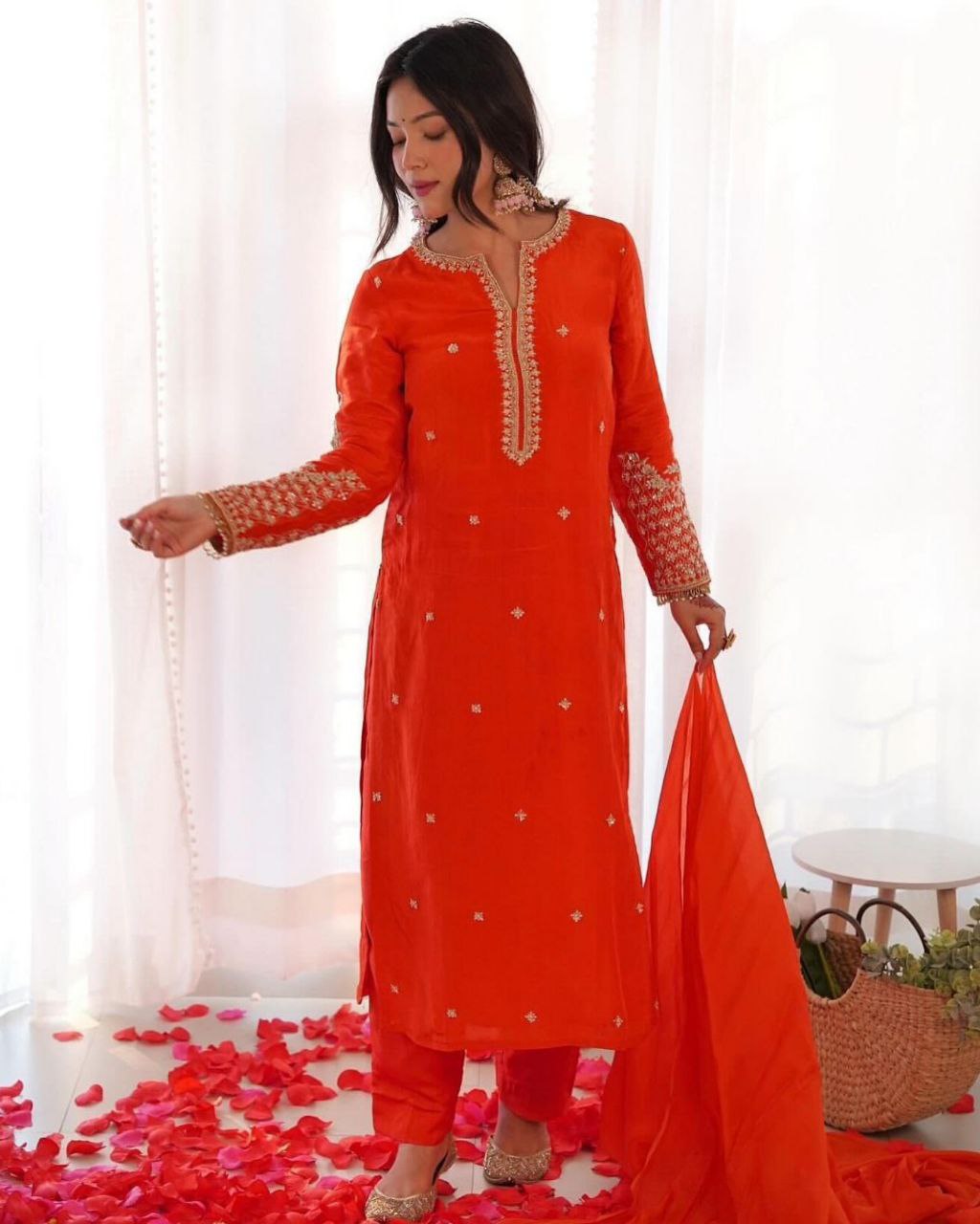 Ready To Pure Orange Pure Georgette Embroidery Work Pant Suit With Dupatta