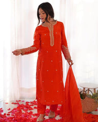 Ready To Pure Orange Pure Georgette Embroidery Work Pant Suit With Dupatta