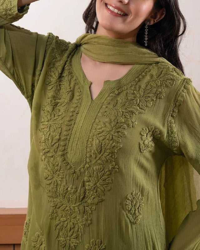 Ready To Wear Pink Brown Green Red Soft Georgette Chikankari Kurti Palazo With Dupatta