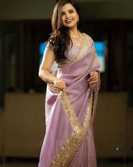 Designer Lavender Tissue Silk Embroidery Work Saree With Blouse