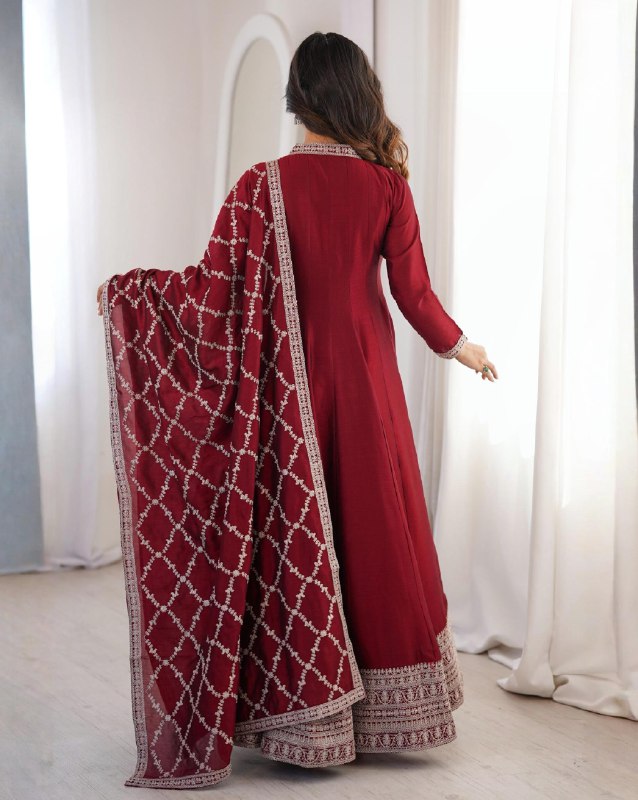 Premium Maroon Blooming Vichitra Silk Embroidery Anarkali Suit With Dupatta