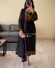 Ready To Wear Black Pure Georgette Embroidery Work Pakistani Suit With Dupatta