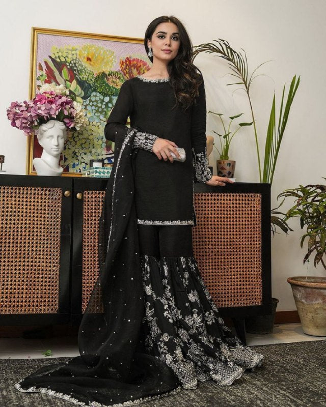 Ready To Wear Black Pure Georgette Embroidery Work Gharara Suit With Dupatta