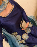 Ready To Wear Navy Blue Natural Crep Silk Embroidery Farshi Salwar Kurti With Dupatta