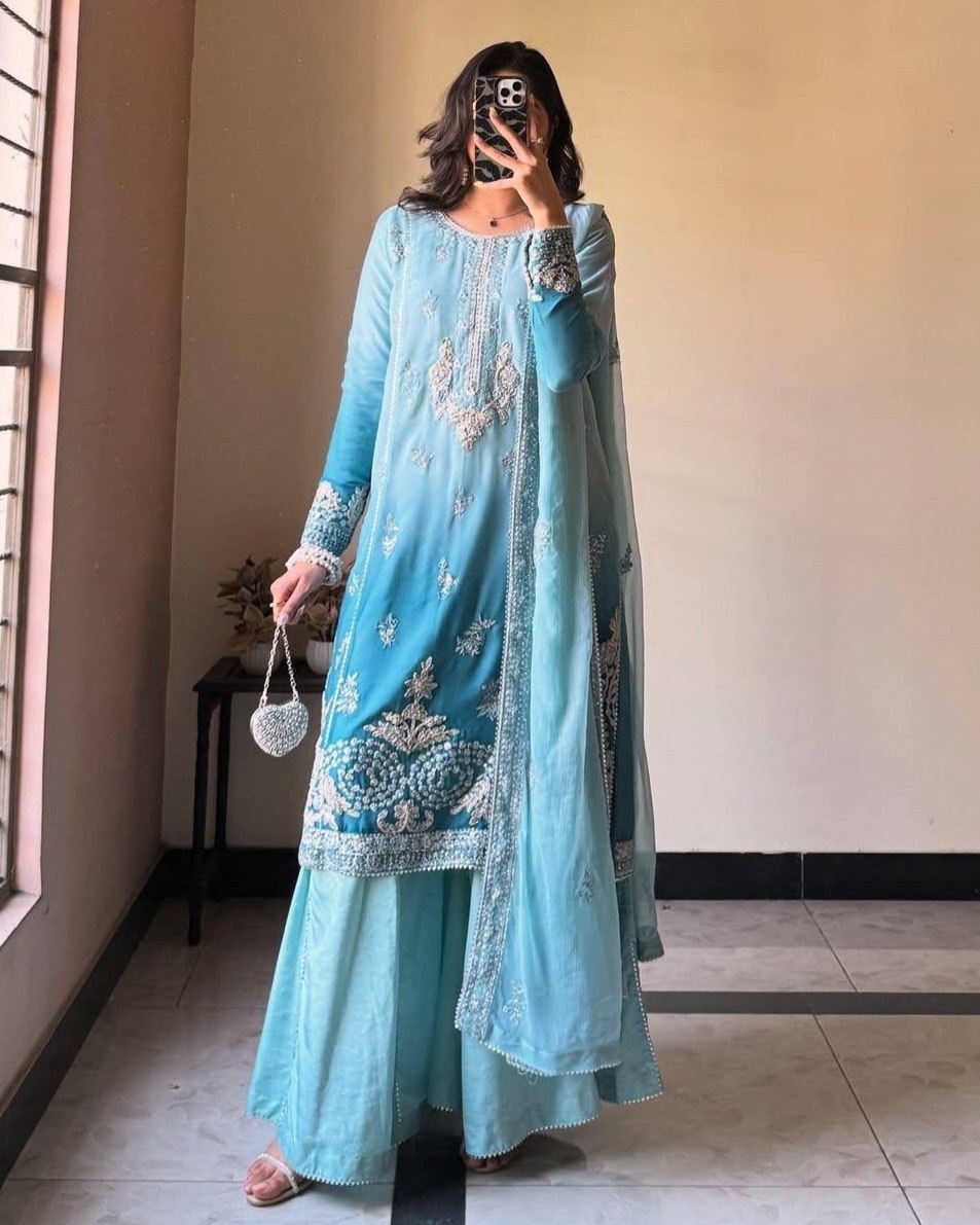 Ready To Wear Sky Blue Chinon Silk Embroidery Kurti Palazo With Dupatta