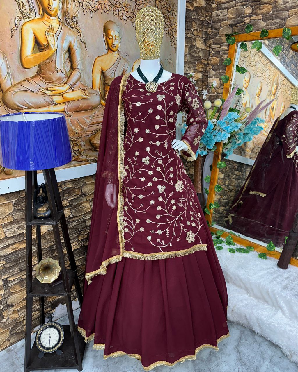 Ready To Wear Maroon Faux Georgette Embroidery Work Sharara Suit With Dupatta