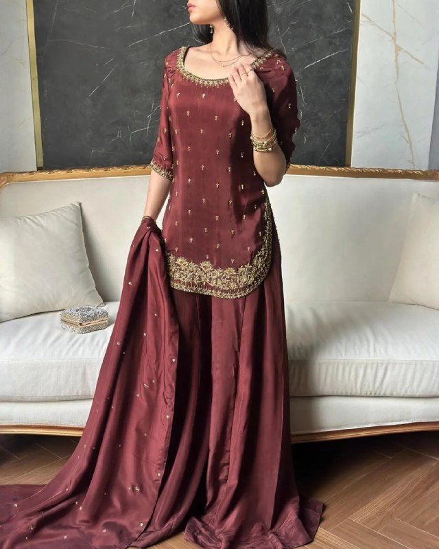 Exclusive Maroon Natural Crep Silk Embroidery Palazo Kurti With Dupatta