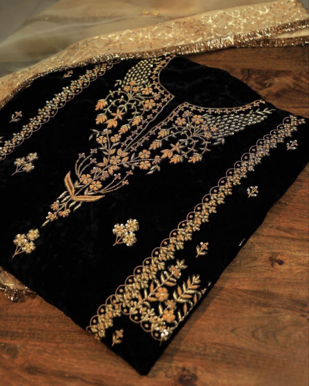 Ready To Wear Black Micro Velvet Embroidery Work Pakistani Pant Suit With Dupatta