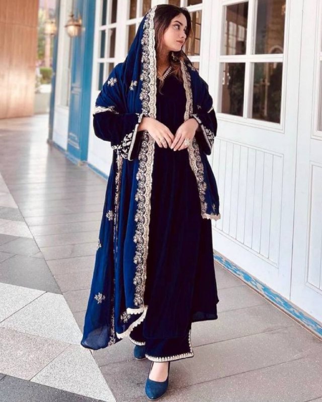 Designer Neavy Blue Viscose Velvet Embroidery Work Plaazo Suit With Dupatta