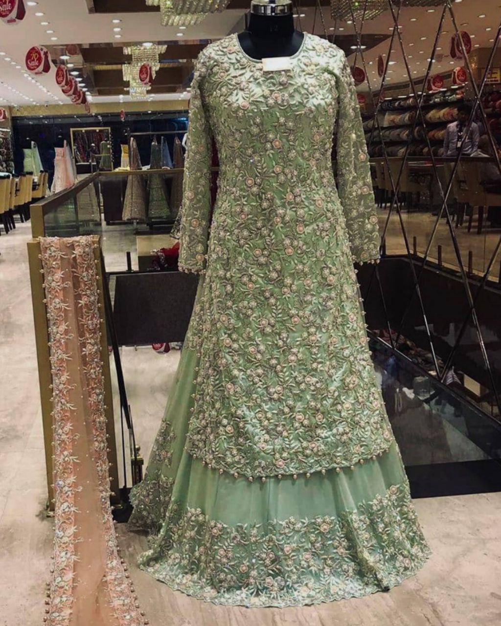 Designer Olive Green Embroidered Lehenga Kurti Set