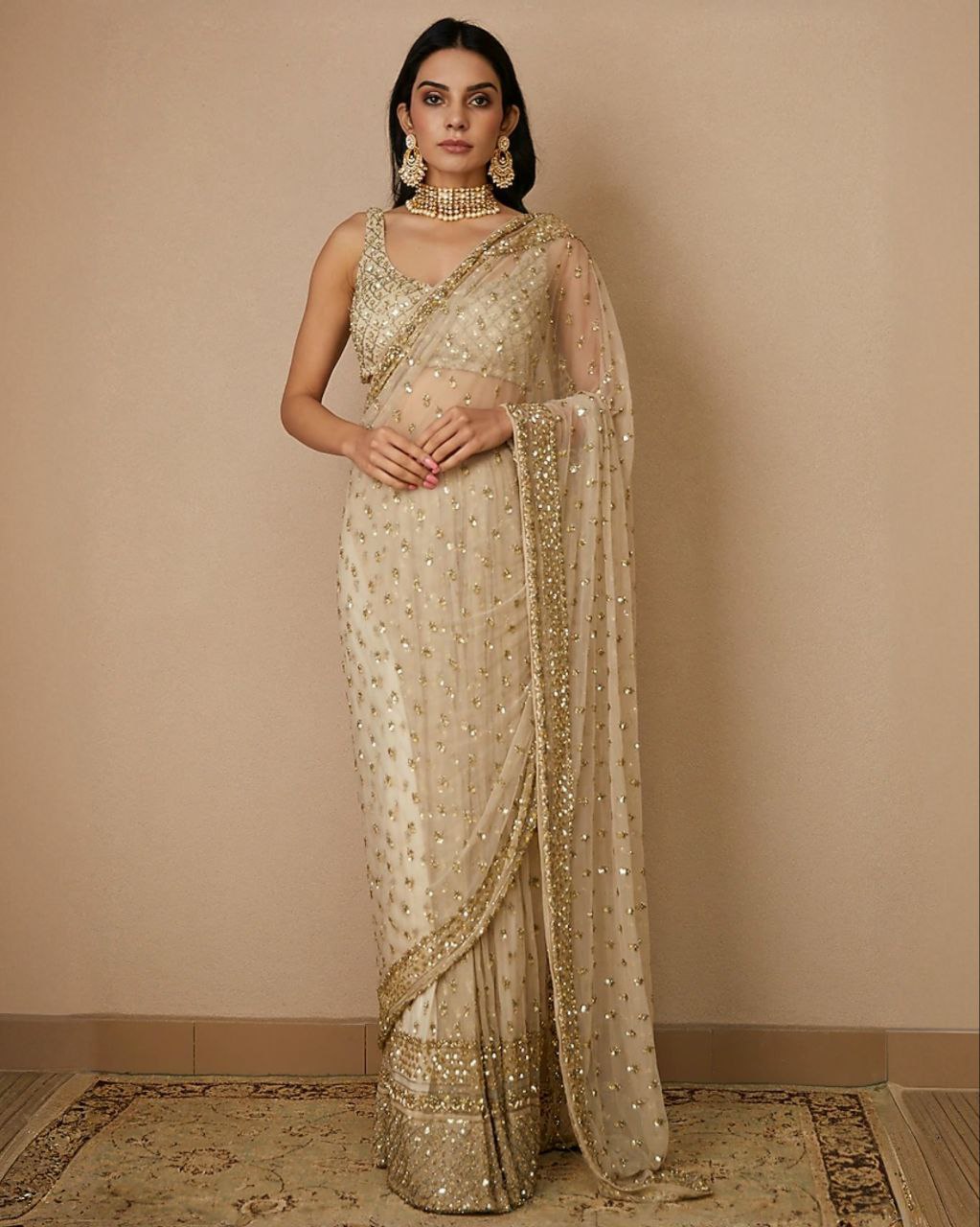 Designer Cream Mono Net Embroidery Work Saree With Blouse