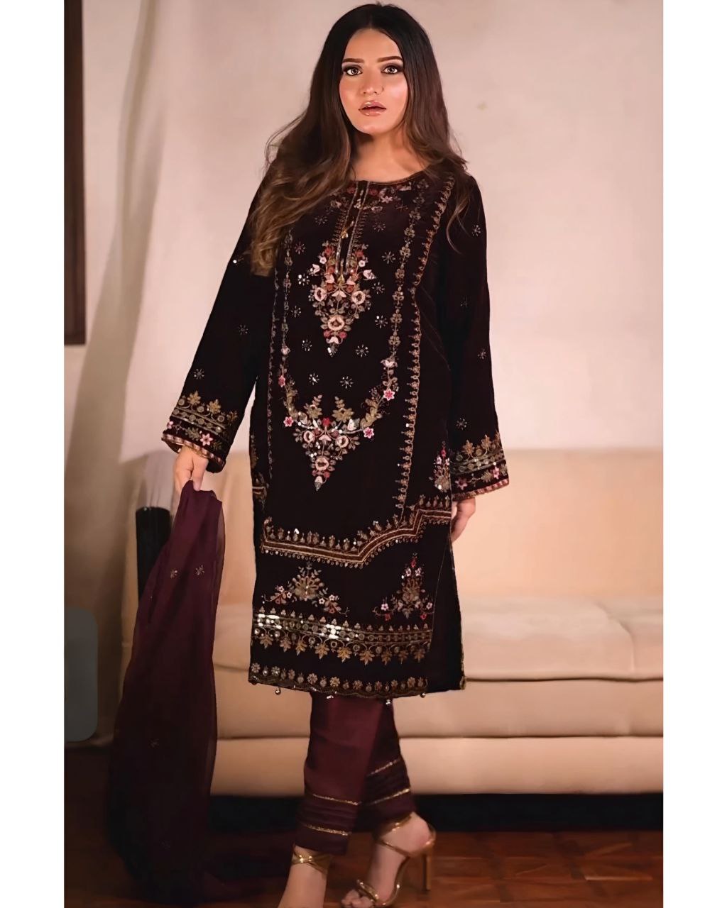 Ready To Wear Micro Velvet Embroidery Work Pakistani Suit With Dupatta