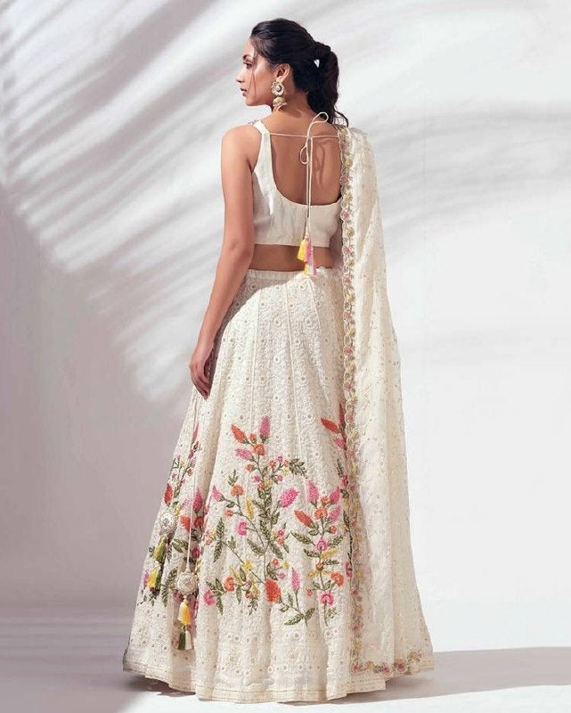 Exclusive White Heavy Georgette Embroidery Lehenga Blouse With Dupatta