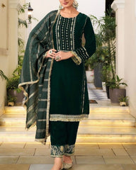 Designer Dark Green Heavy Velvet Embroidery Work Pant Suit With Dupatta