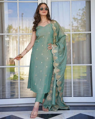 Ready To Wear Pastel Green Chinon Silk Embroidery Work Pant Suit With Dupatta