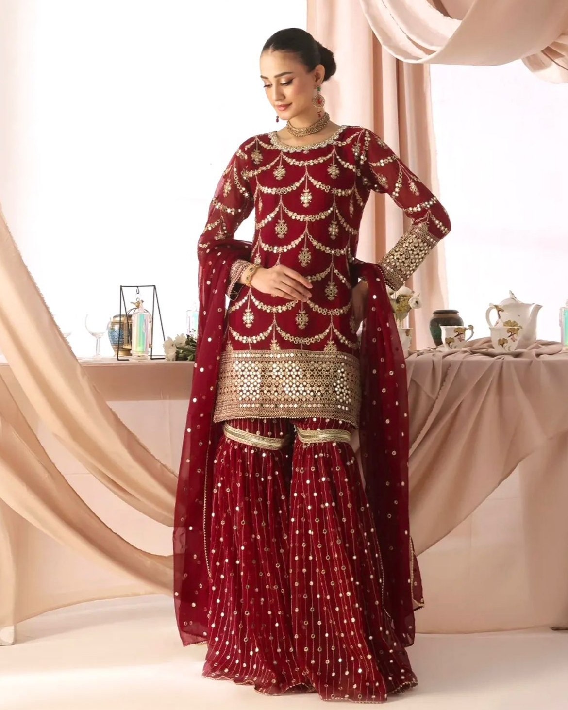 Ready To Wear Red Lavender Peach Blue Soft Georgette Embroidery Kurti Sharara With Dupatta