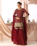 Ready To Wear Red Lavender Peach Blue Soft Georgette Embroidery Kurti Sharara With Dupatta