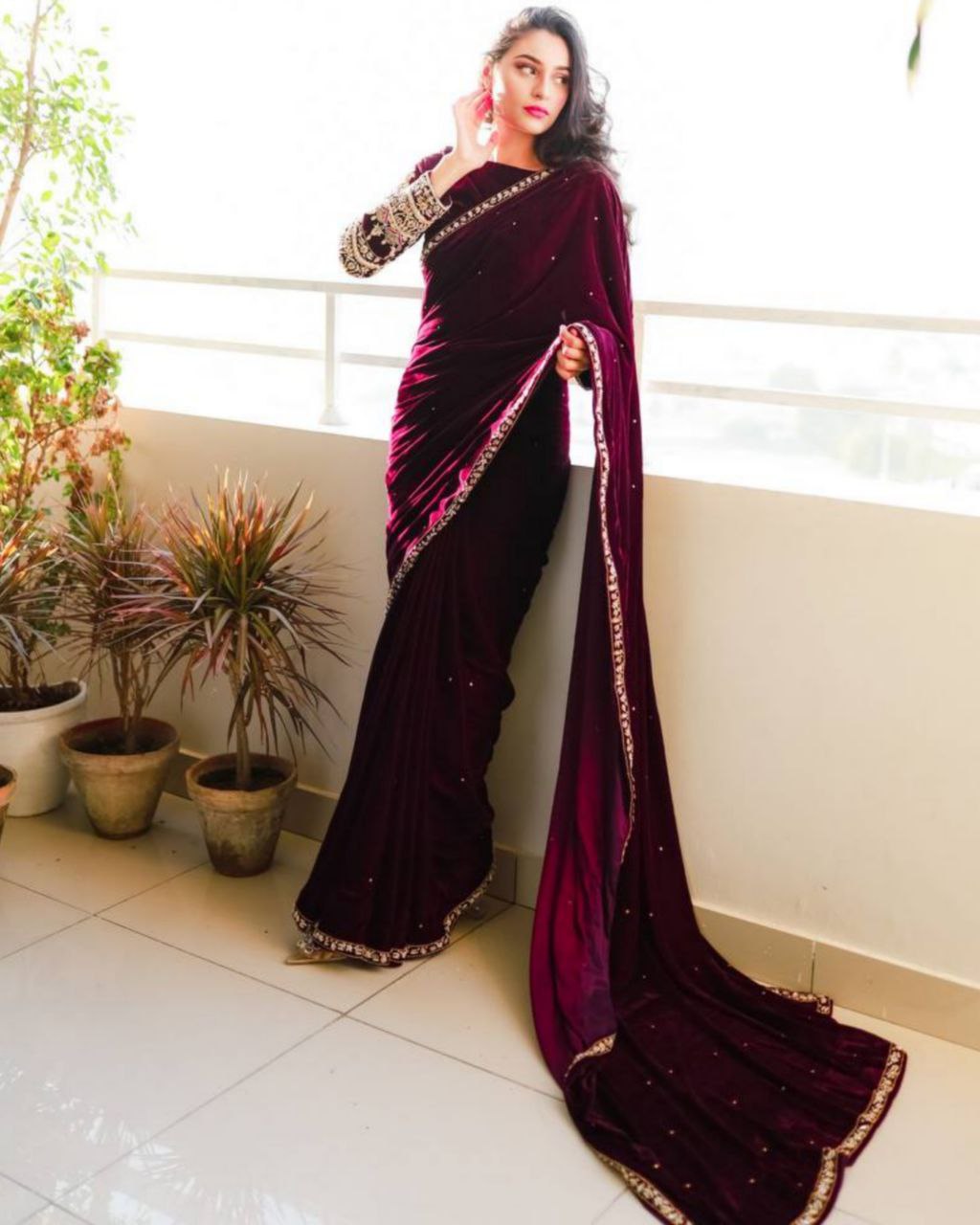 Exclusive Wine Premium Velvet  Embroidery Saree With Blouse