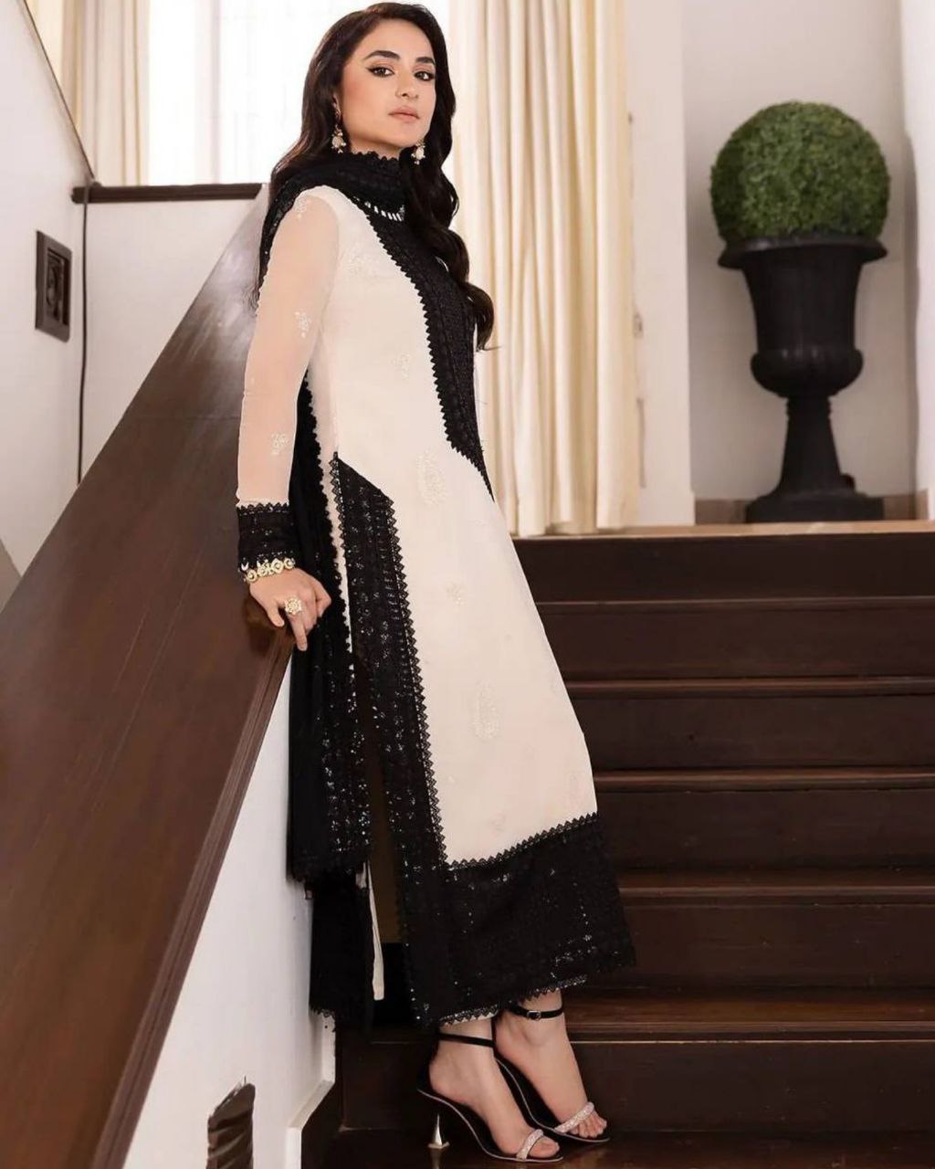 Ready To Wear White-Black Georgette Silk Sequence Work Pakistani Suit With Dupatta