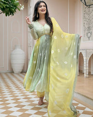 Ready To Wear Yellow-Green Faux Georgette Lace Work Anarkali Suit With Dupatta