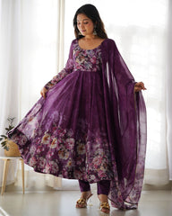 Ready To Wear Purple Organga Silk Floral Print Work Anarkali Suit With Dupatta