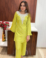 Ready To Wear Lime Yellow Soft Cotton Embroidery Work Pant With Top