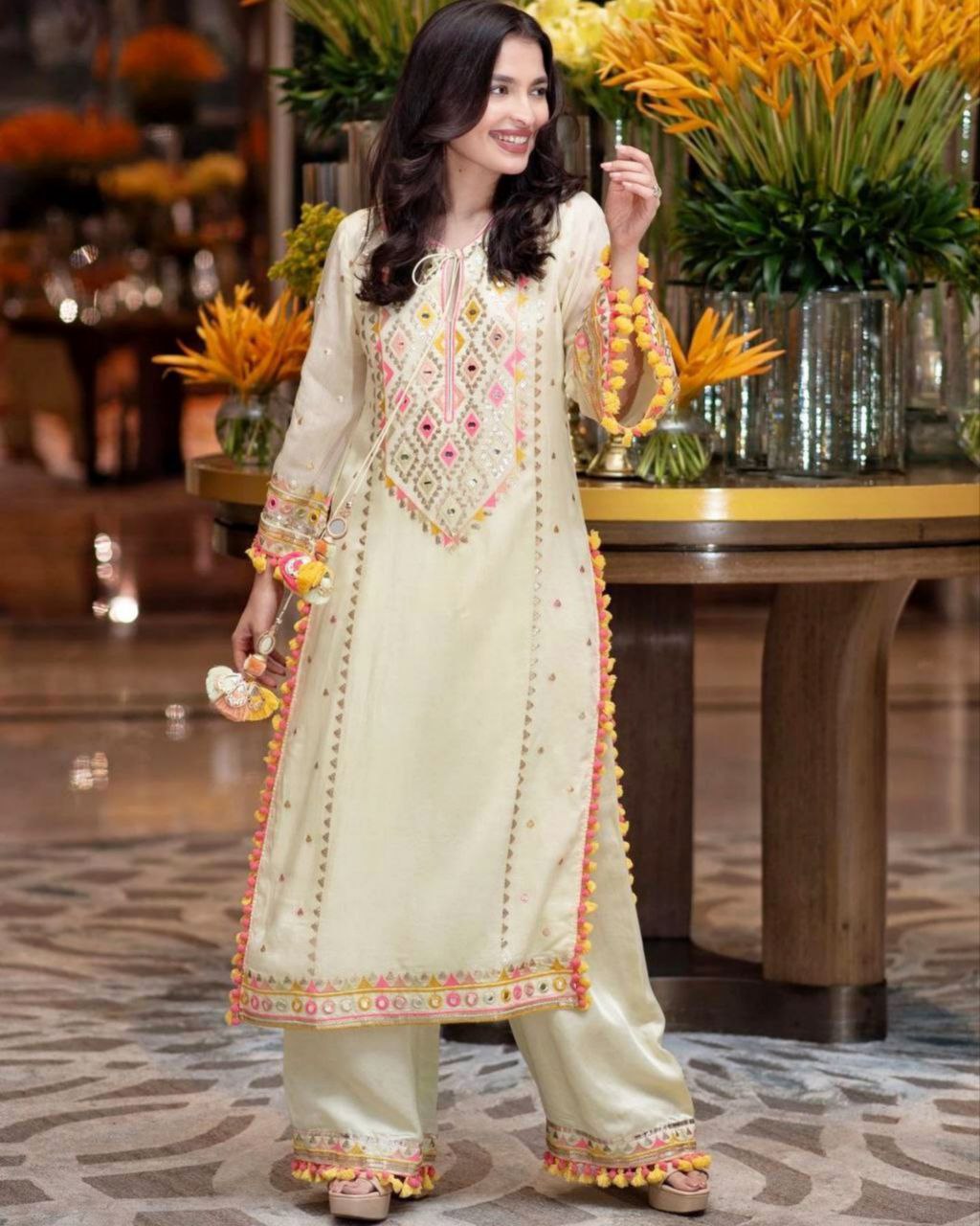 Ready To Wear Cream Faux Georgette Embroidery Work Pakistani Suit With Dupatta