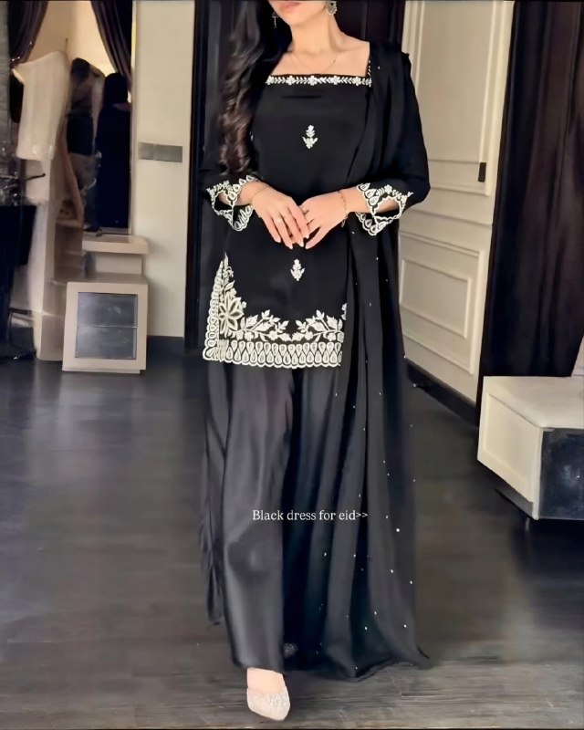 Exclusive Black Natural Crep Silk Embroidery Palazo Kurti With Dupatta