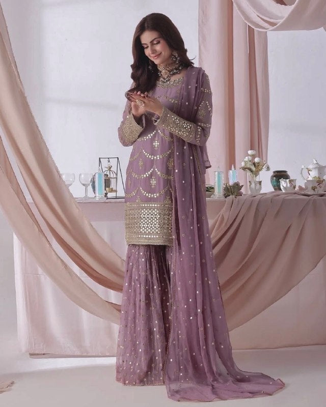 Ready To Wear Red Lavender Peach Blue Soft Georgette Embroidery Kurti Sharara With Dupatta