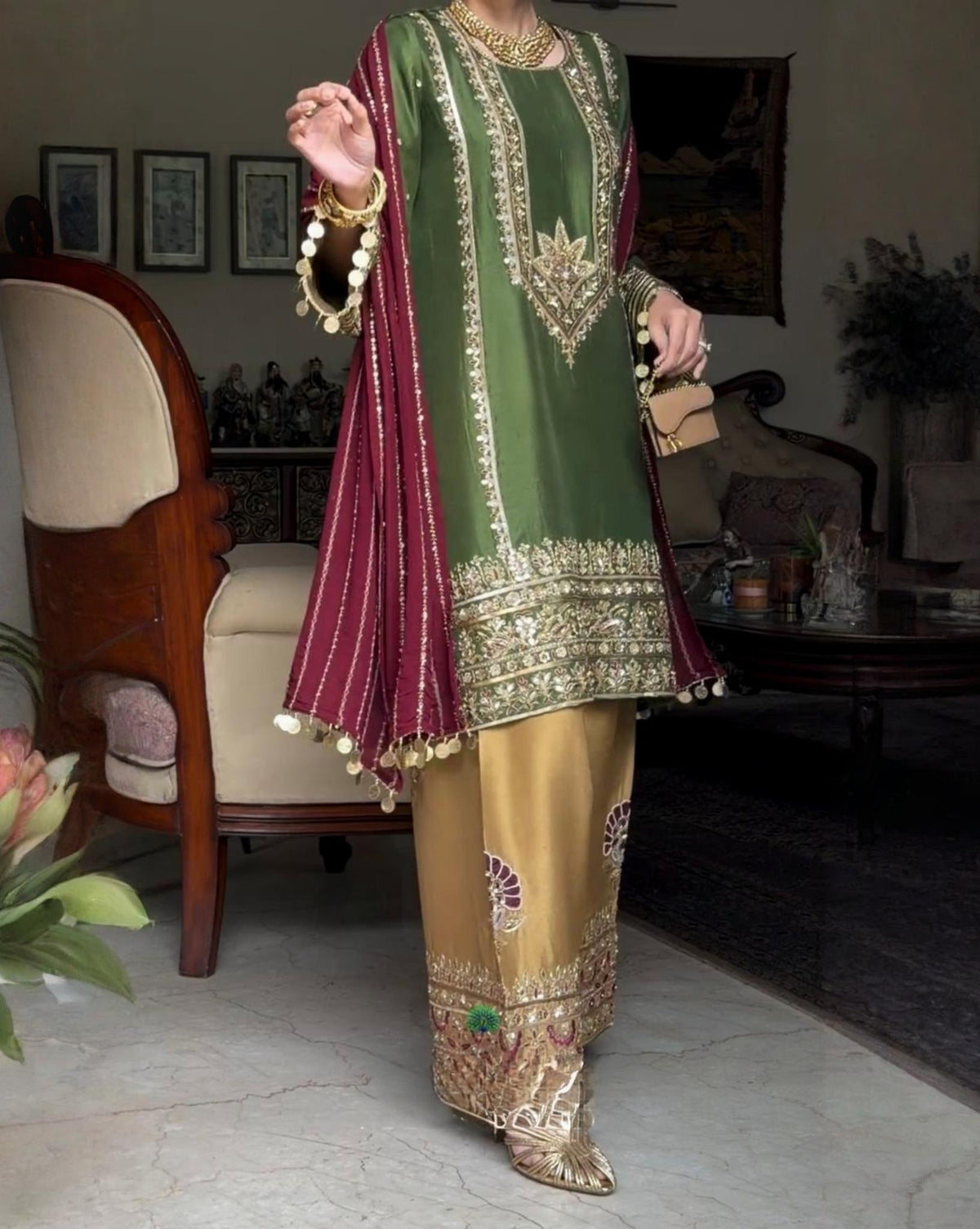 Ready To Wear Green Blue Mustard Heavy Natural Silk Embroidery Farshi Salwar Kurti With Dupatta