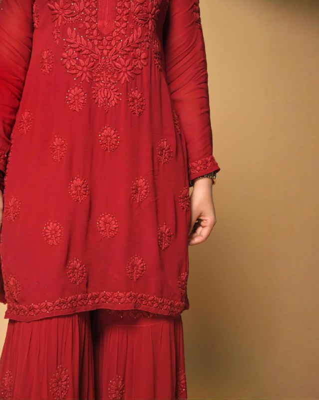 Ready To Wear Red Soft Georgette Chikankari Sharara Kurti With Dupatta
