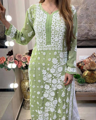 Ready To Wear Green Faux Georgette Embroidery Work, Chikan Kari Suit