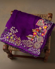 Designer Rangoli Silk Embroidery Work purple Saree With yellow Blouse