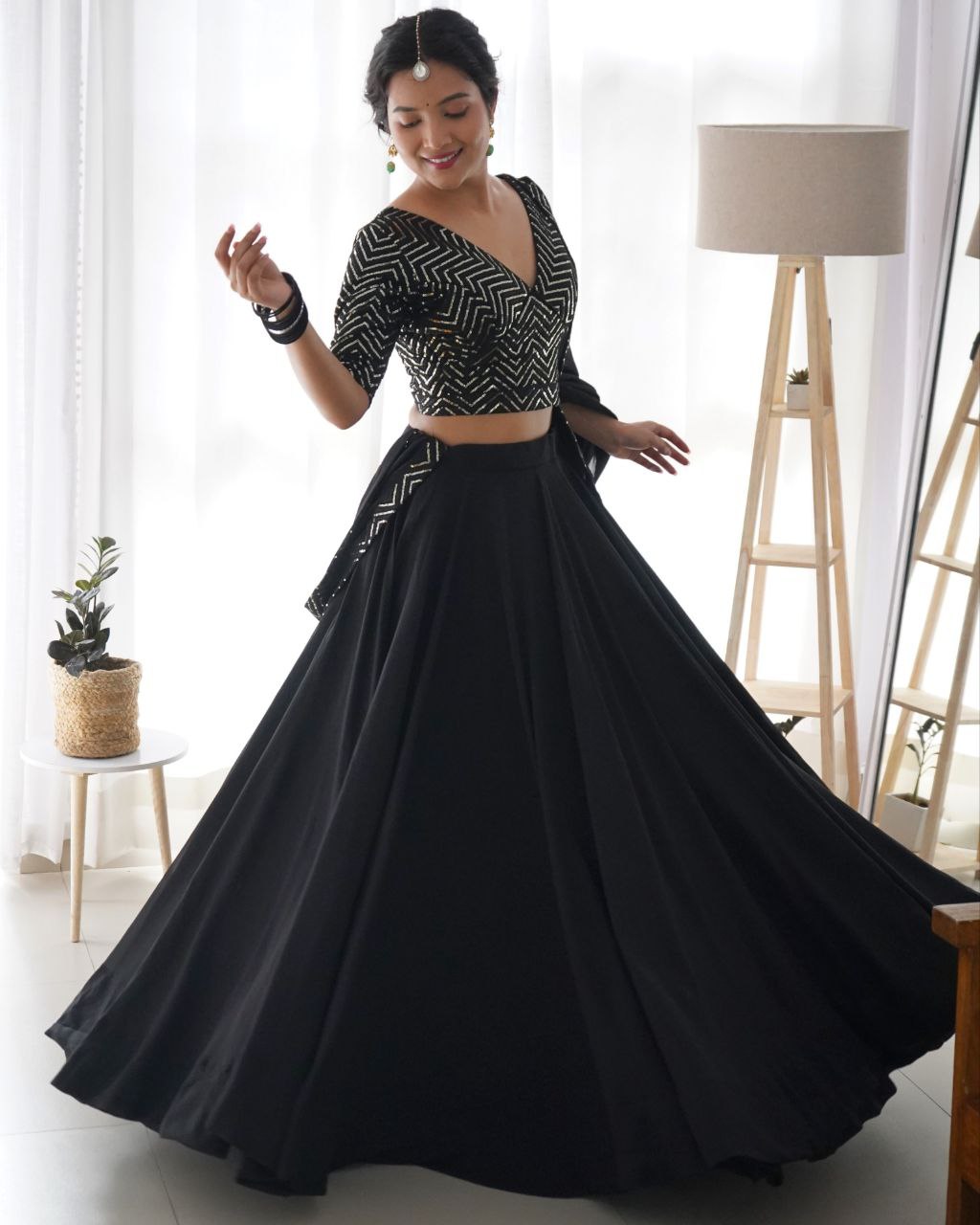 Ready To Wear Black Soft Georgette Sequence Work Lehenga Choli With Dupatta