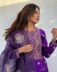 Ready To Wear Purple Roman Silk Embroidery Work Pant Suit With Dupatta