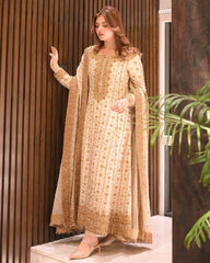 Designer Cream Pure Georgette Embroidery Work Pakistani Suit With Dupatta