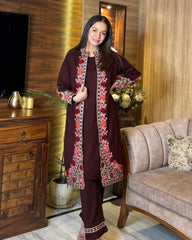 Ready To Wear Brown Rayon Cotton Embroidery Work Chikan Kari Suit