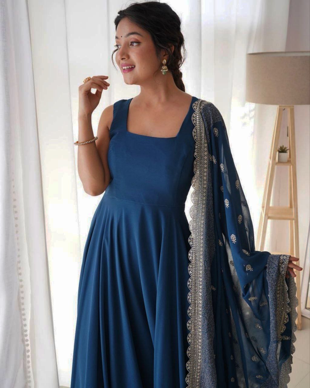 Ready To Wear Royel Blue Faux Georgette Jari Work Anarkali Gown With Dupatta