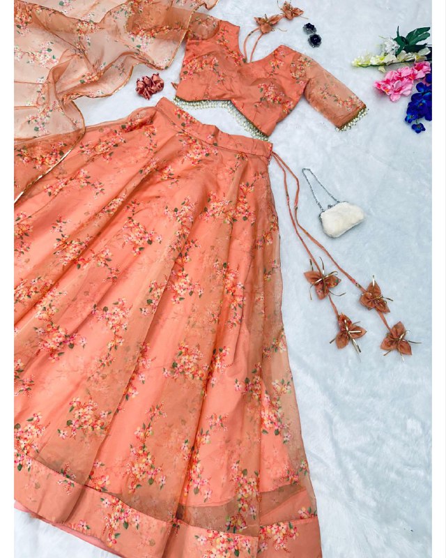 Desinger Peach Orange Organza Silk Floral Printed Lehenga Choli With Dupatta