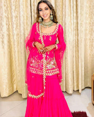 Ready To Wear Hot Pink Pure Georgette Sequence Work Gharara Suit With Dupatta