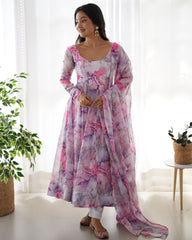 Ready To Wear Lilac Organga Silk Floral Print Work Anarkali Suit With Dupatta