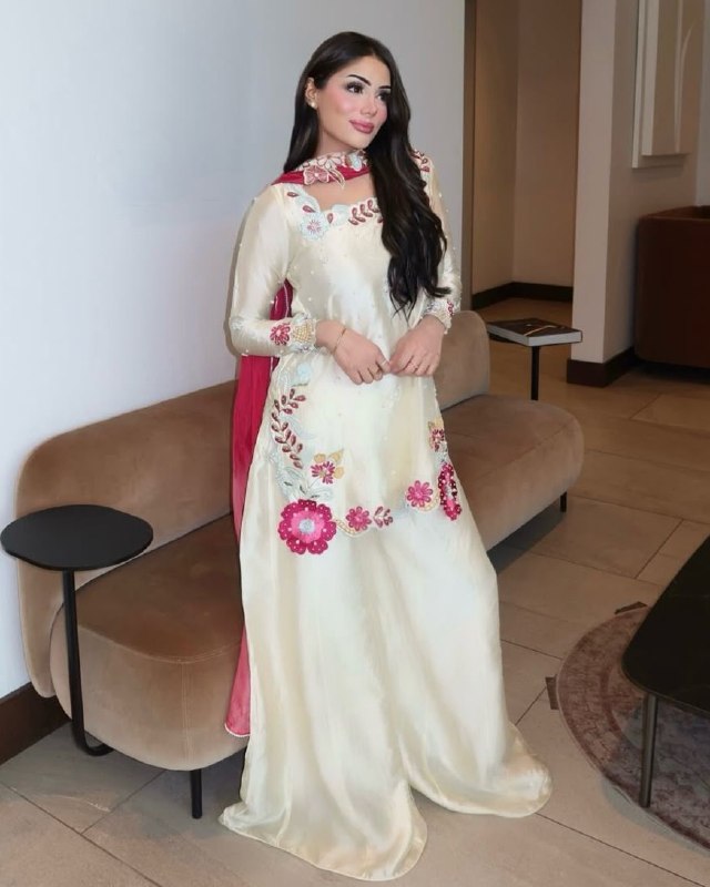 Ready To Wear White Roman Glass Silk Kurti Palazo With Dupatta