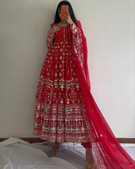 Designer Red Faux Georgette Sequence Work Anarkali Suit With Dupatta