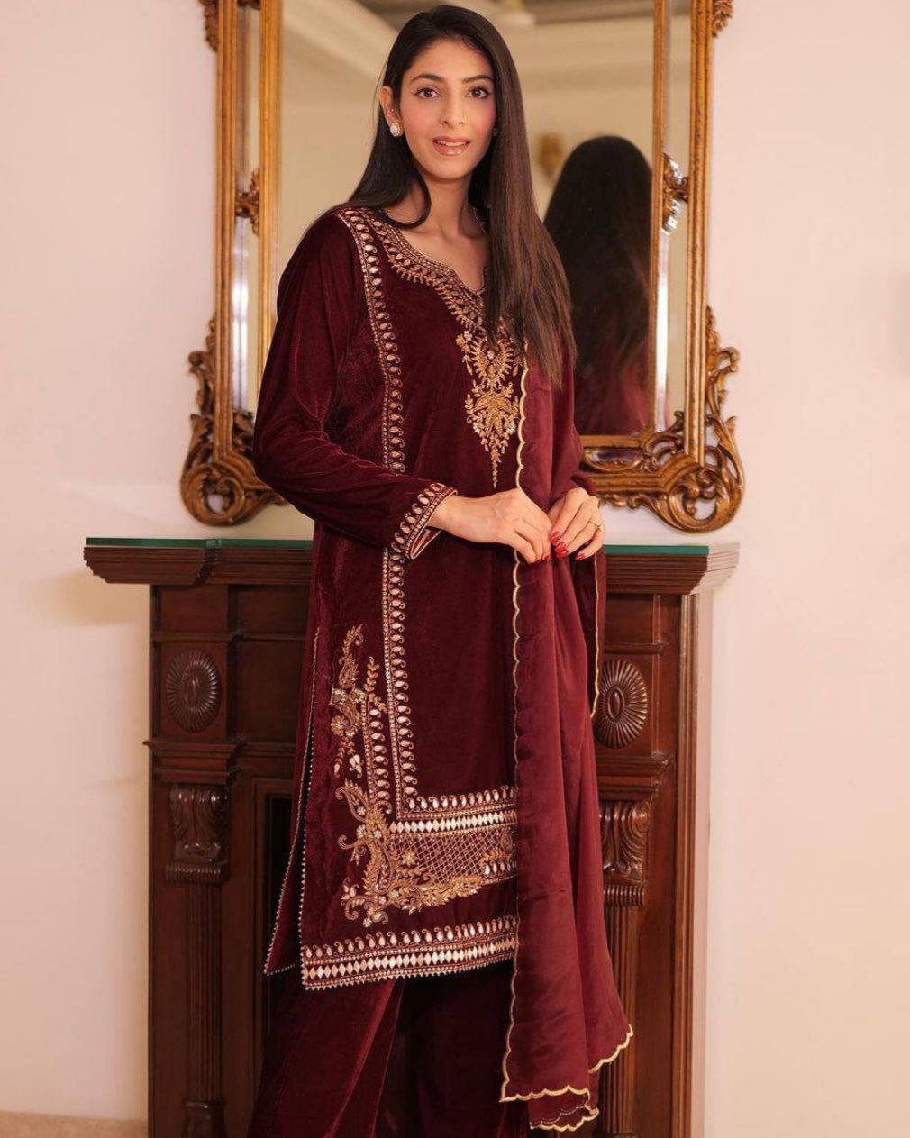 Ready To Wear Dark Brown Micro Velvet Embroidery Work Pant Suit With Dupatta