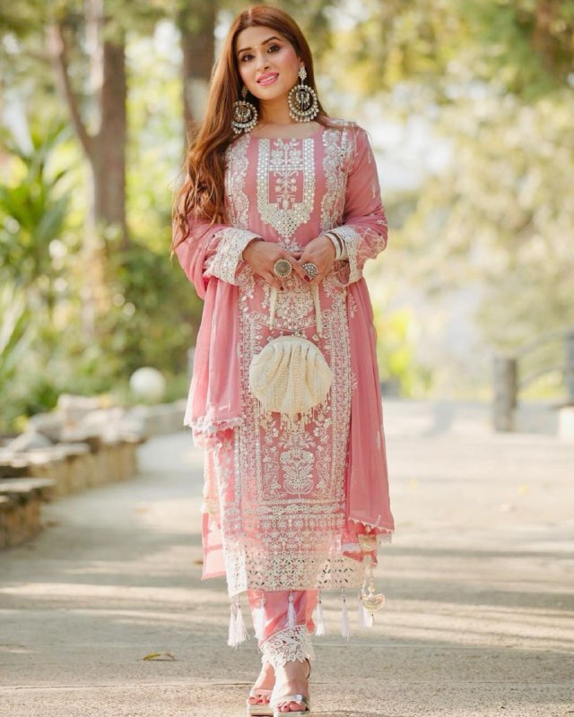 Designer Baby Pink Faux Georgette Emrodery Work Pakistani Suit With Dupatta